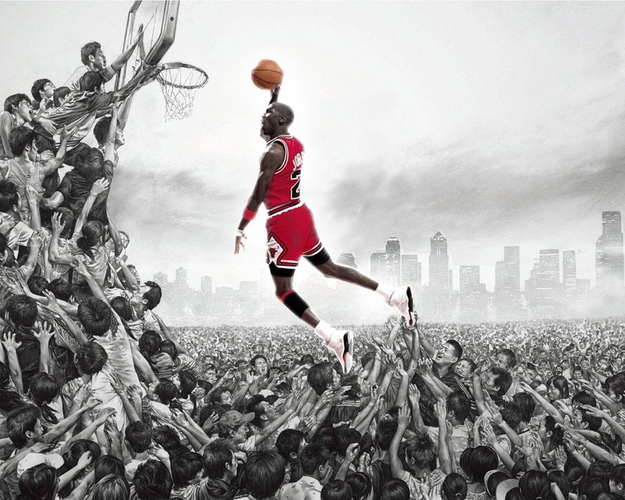 Michael Jordan Flying High Over The Competition