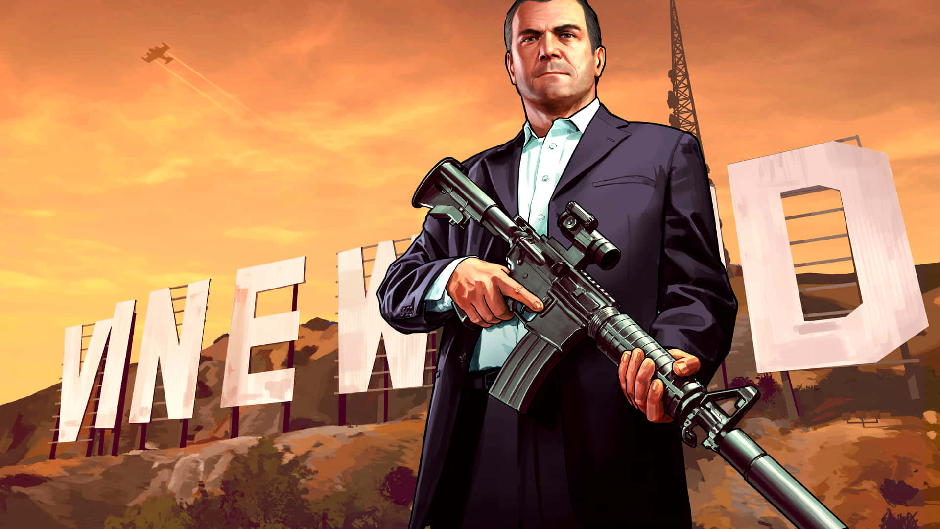 Michael With Gun Vinewood Gta 5 1920x1080 Background