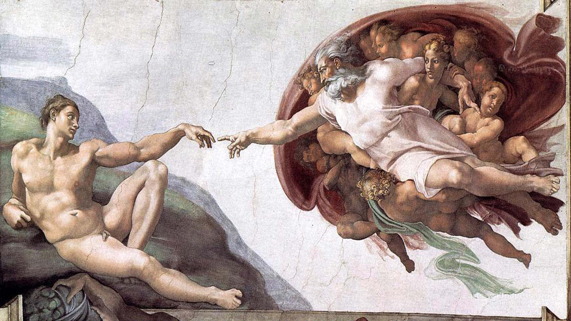 Michelangelo's Iconic Creation Of Adam, Currently Undergoing Restoration For Future Generations. Background