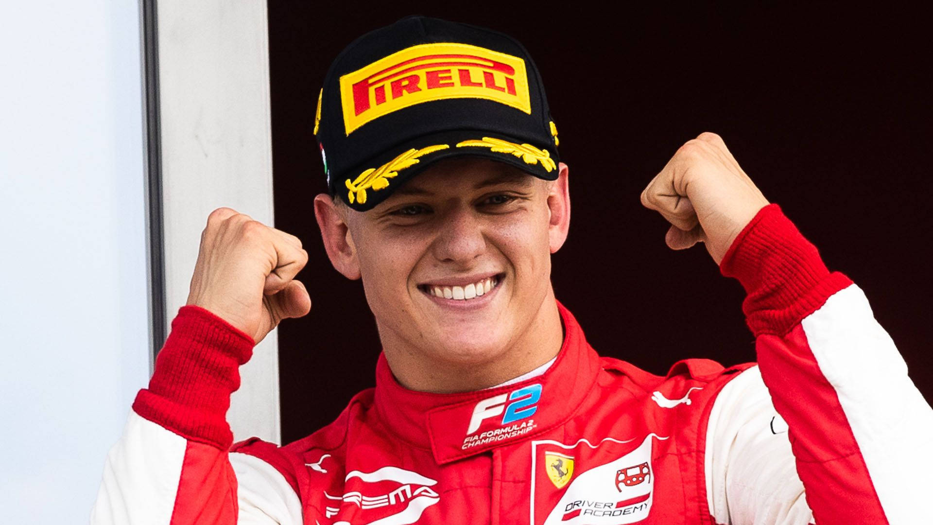 Mick Schumacher Raised Fists Close-up Background