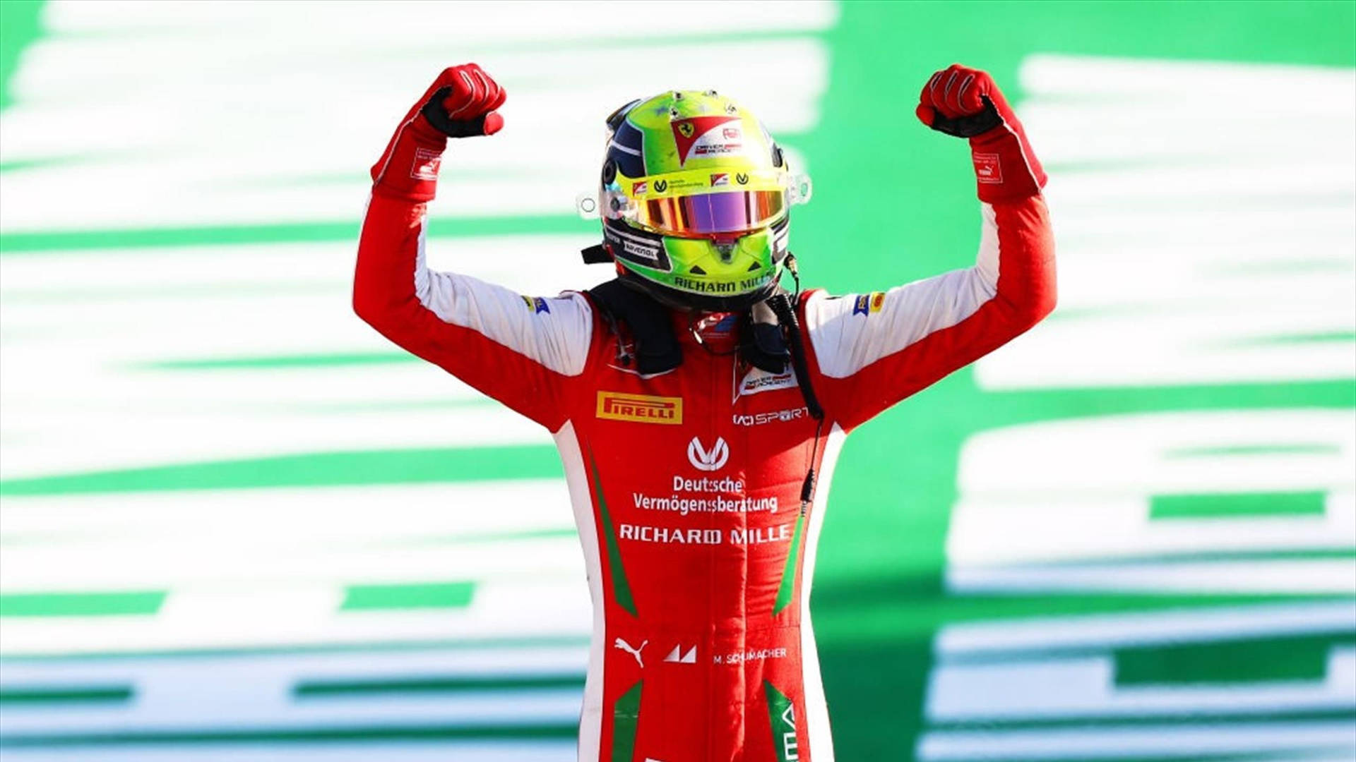 Mick Schumacher With Fists Up Background