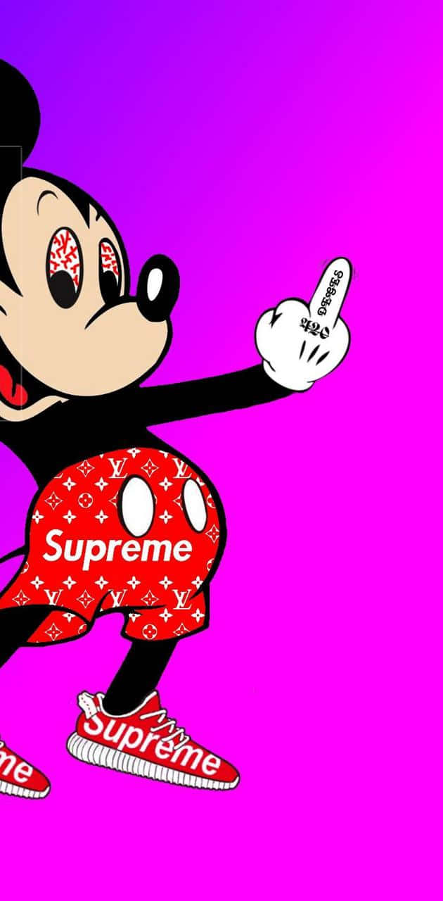 Mickey Mouse With A Supreme Logo On His Head Background