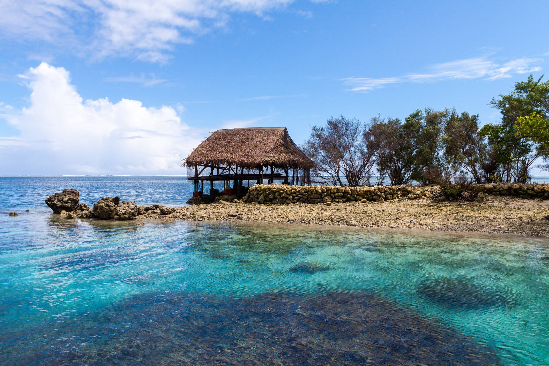 Micronesia Hut Trees Sea Background