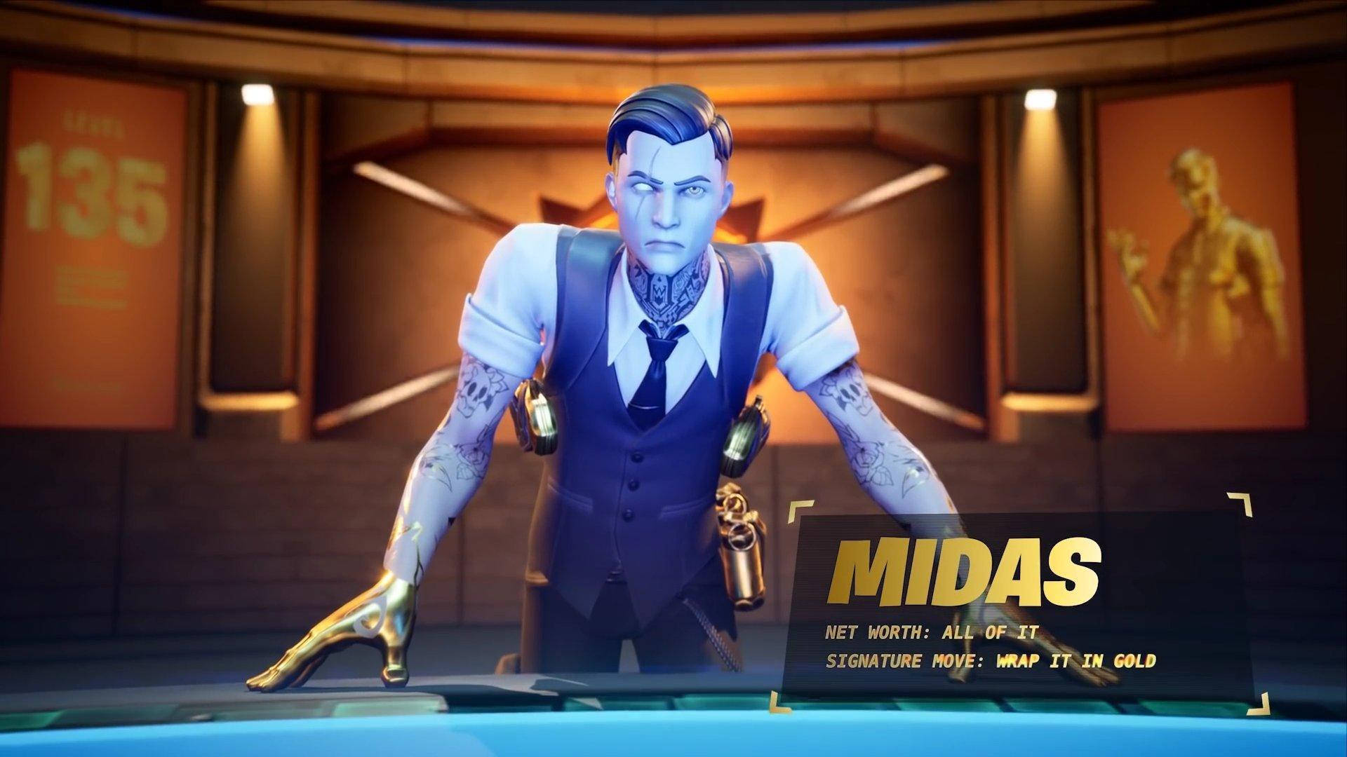 Midas Fortnite Skin Leaning Against The Console Background