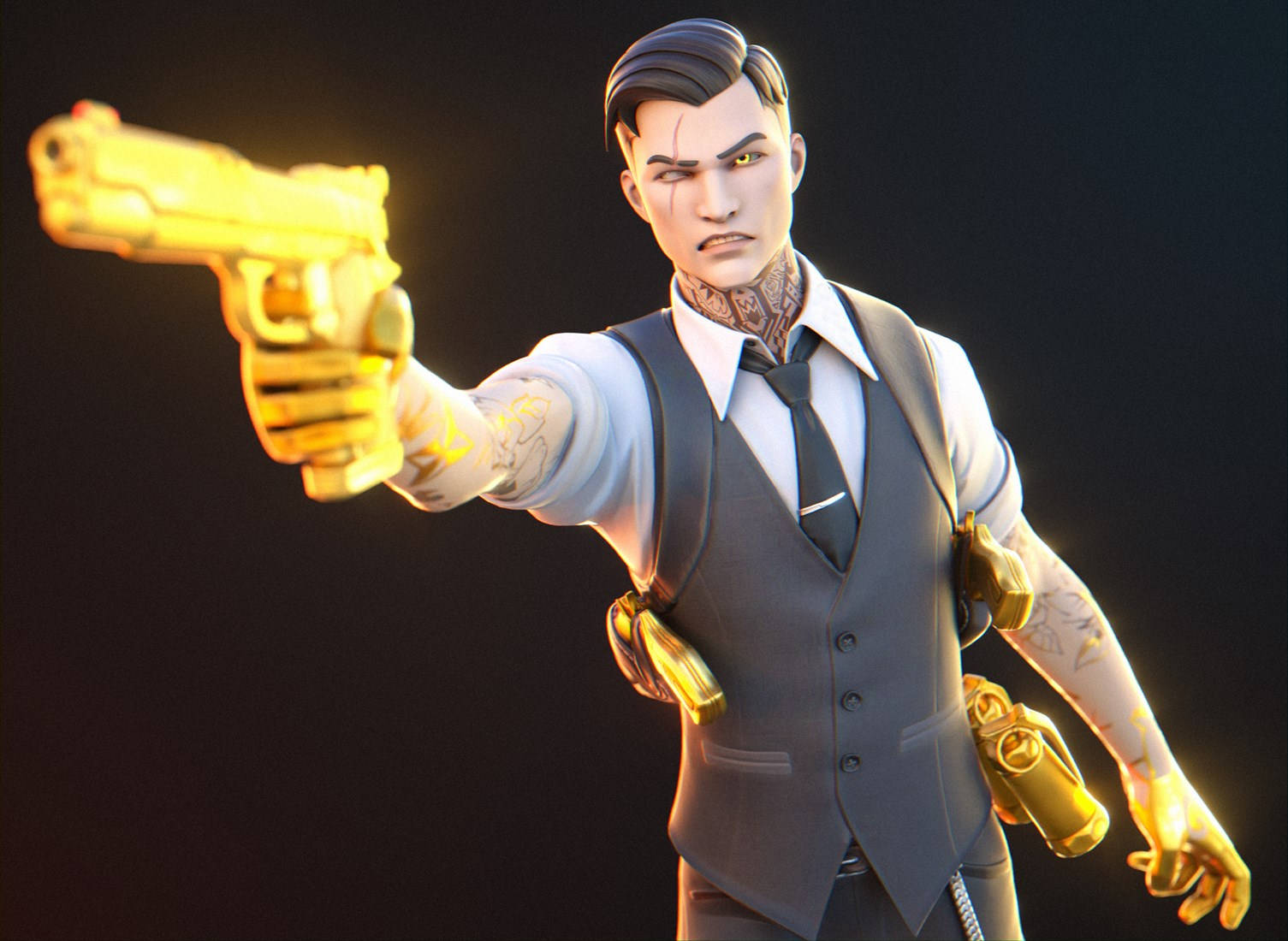 Midas Fortnite Skin Pointing His Golden Pistol Background