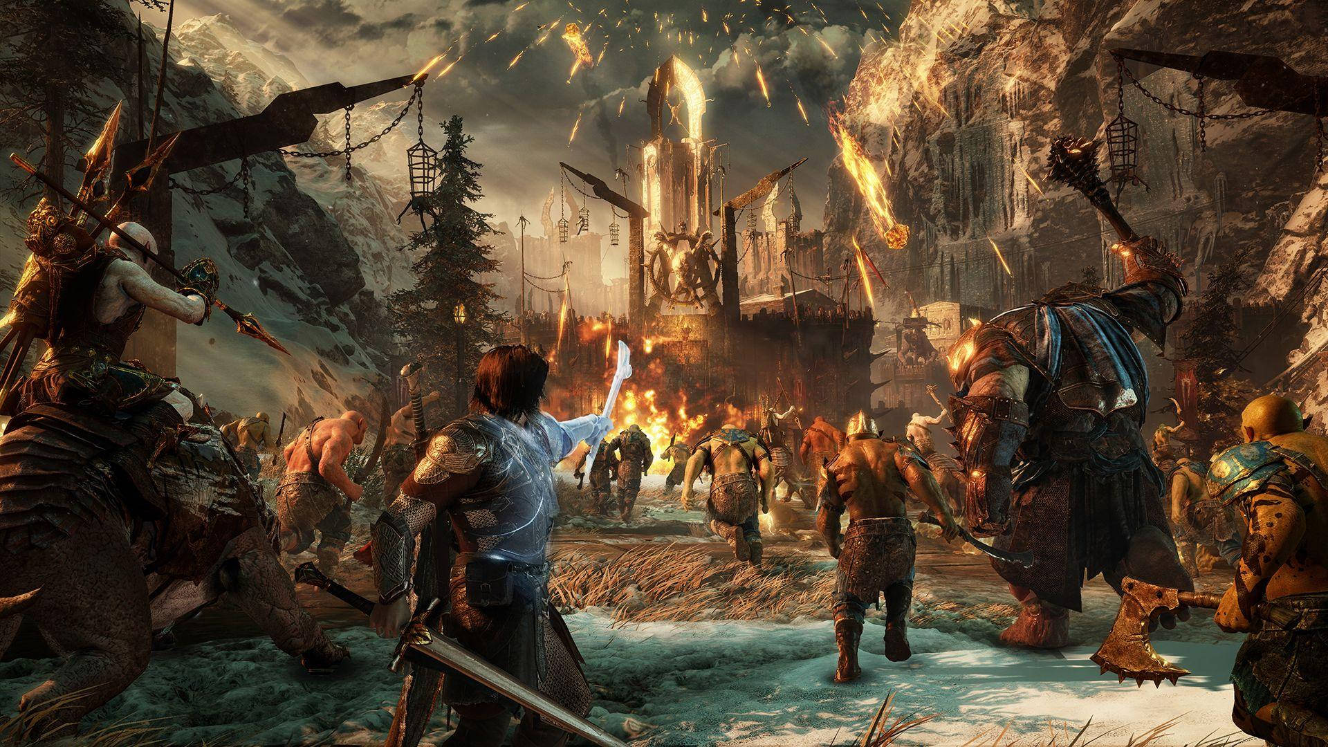 Middle Earth Shadow Of War Army Burning Fortress Background