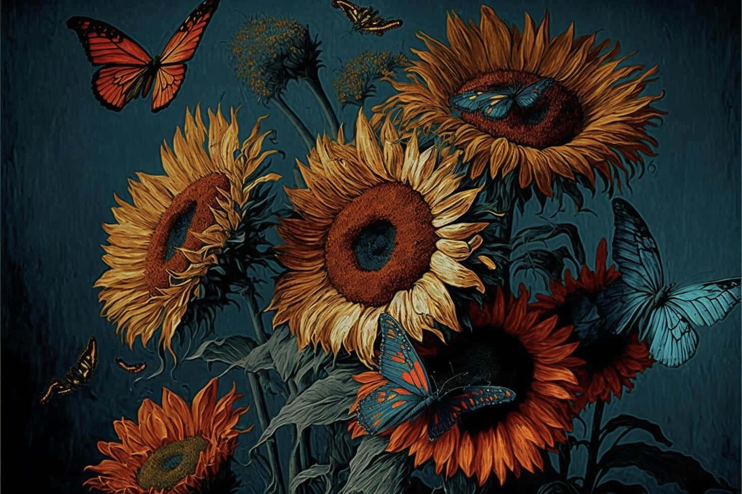 Midnight_ Garden_ Sunflowers_and_ Butterflies Background