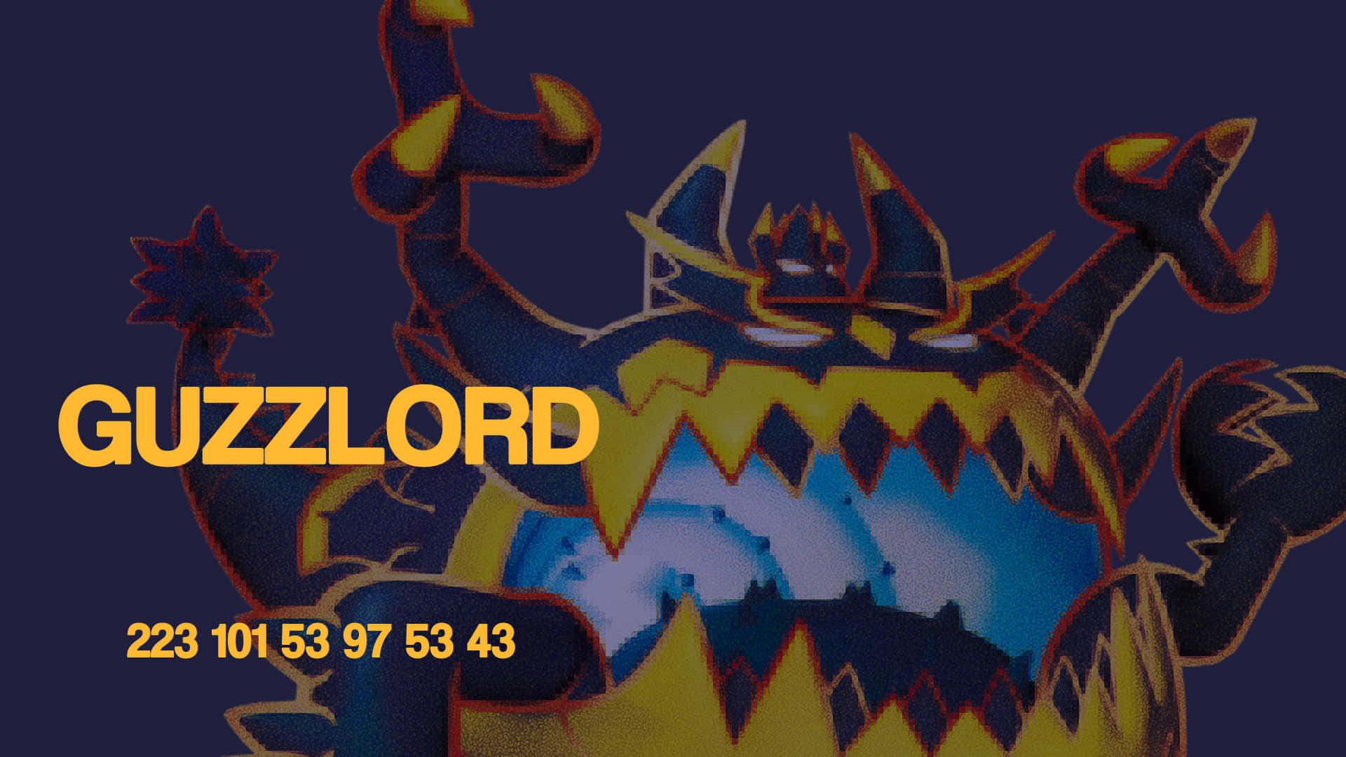 Mighty Guzzlord With Its Powerful Stat Numbers Background