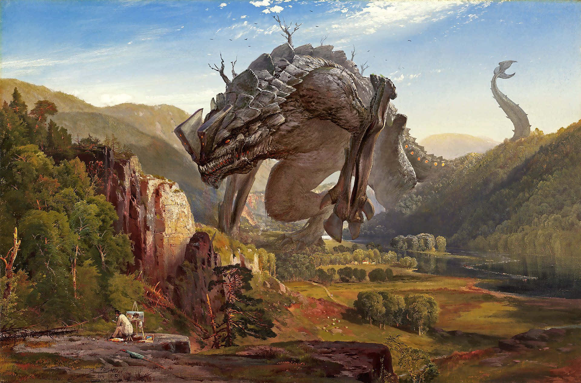 Mighty Kaiju Rampaging Through Urban Landscape Background
