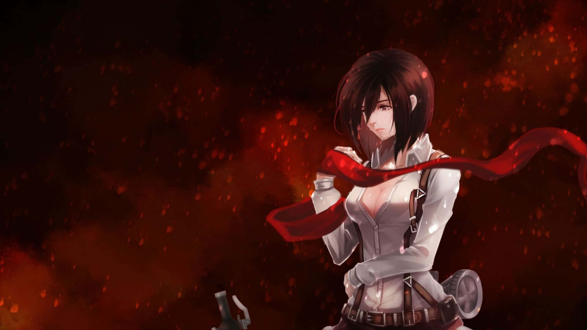 Mikasa Ackerman Crying Holding Red Ribbon Background