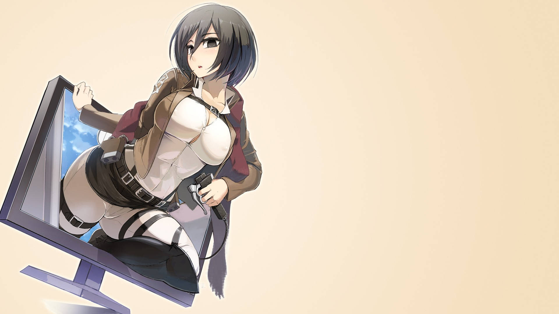 Mikasa Ackerman In Computer Screen Art Background