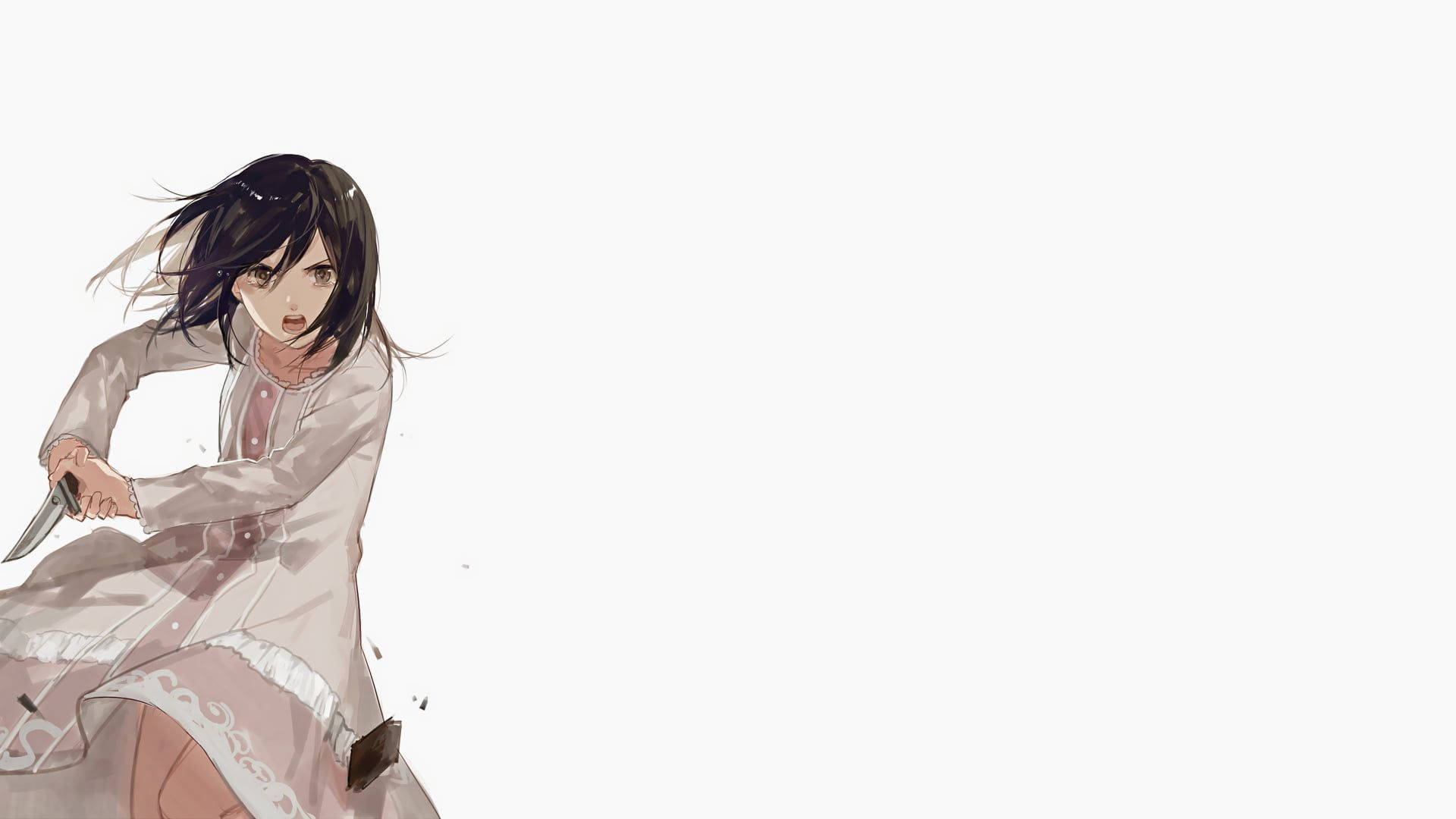 Mikasa Cute White Dress And Knife Background