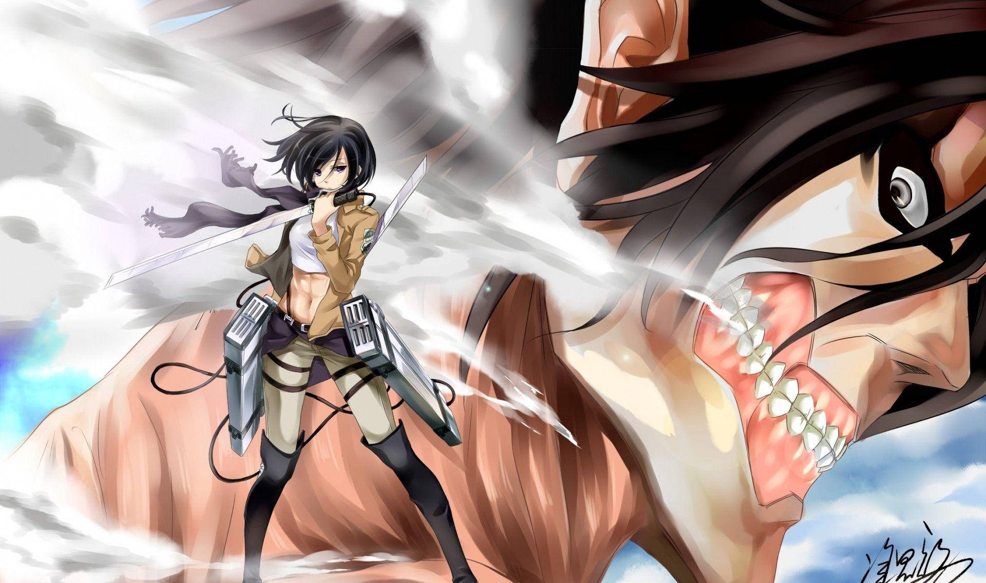 Mikasa With Titan Eren Background