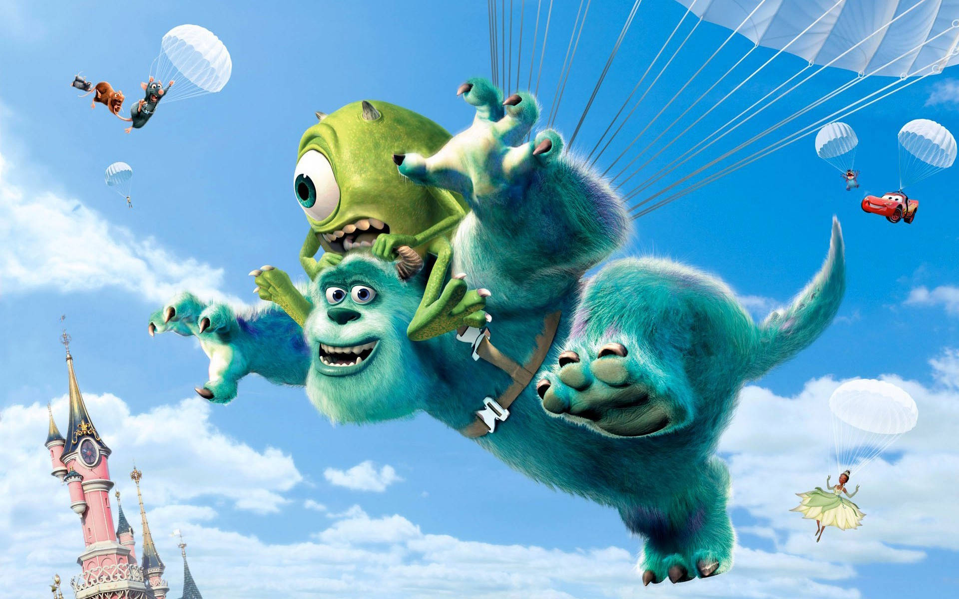 Mike And Sulley's Parachute Adventure At Monsters University Background