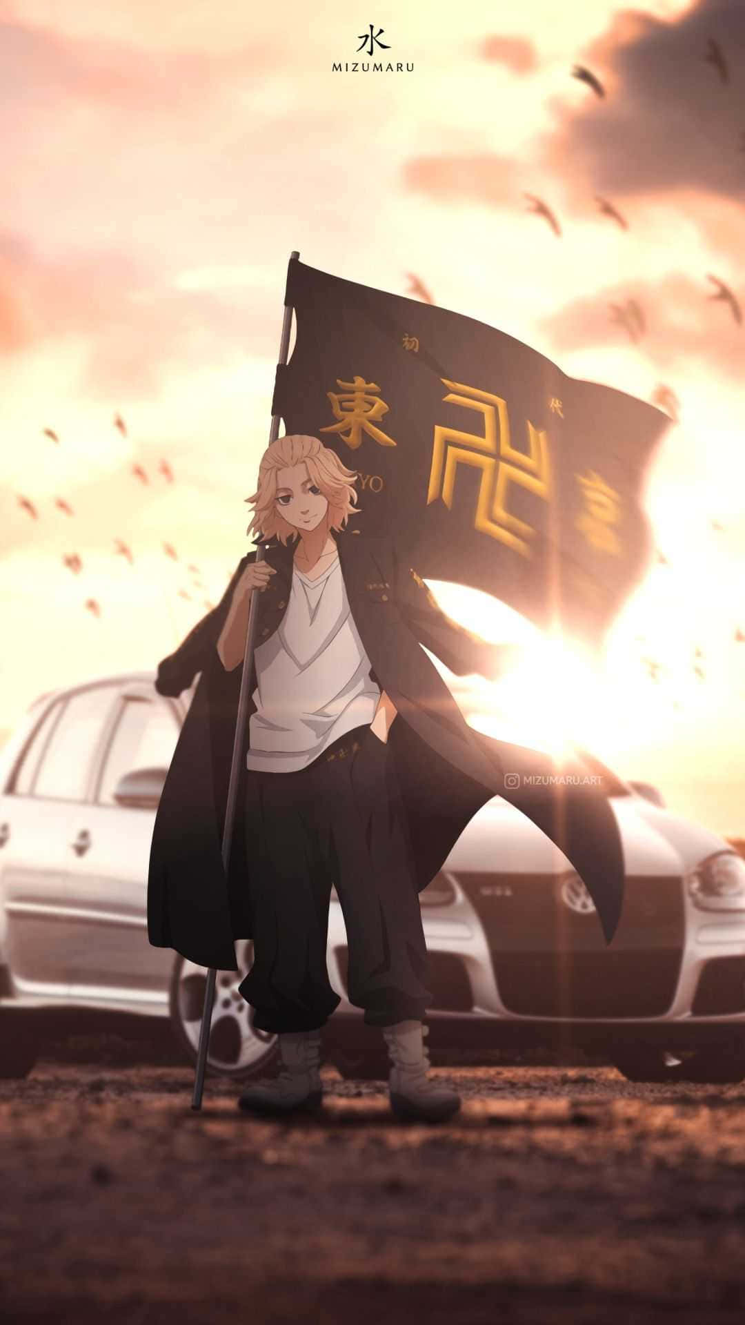 Mikey Tokyo Revengers Anime Holding Flag Background