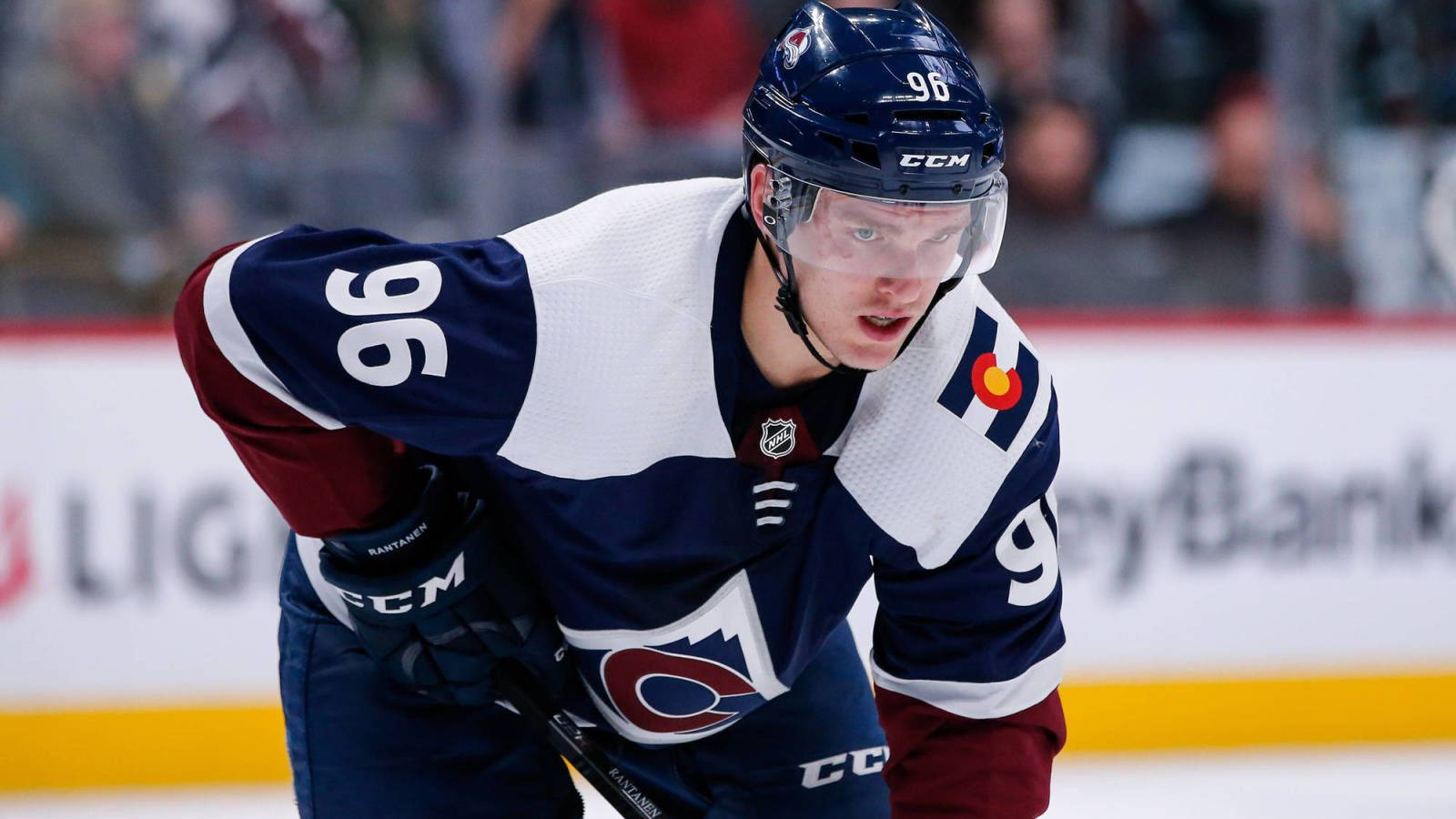 Mikko Rantanen With Fierce Expression And Right Hand On Thigh Background