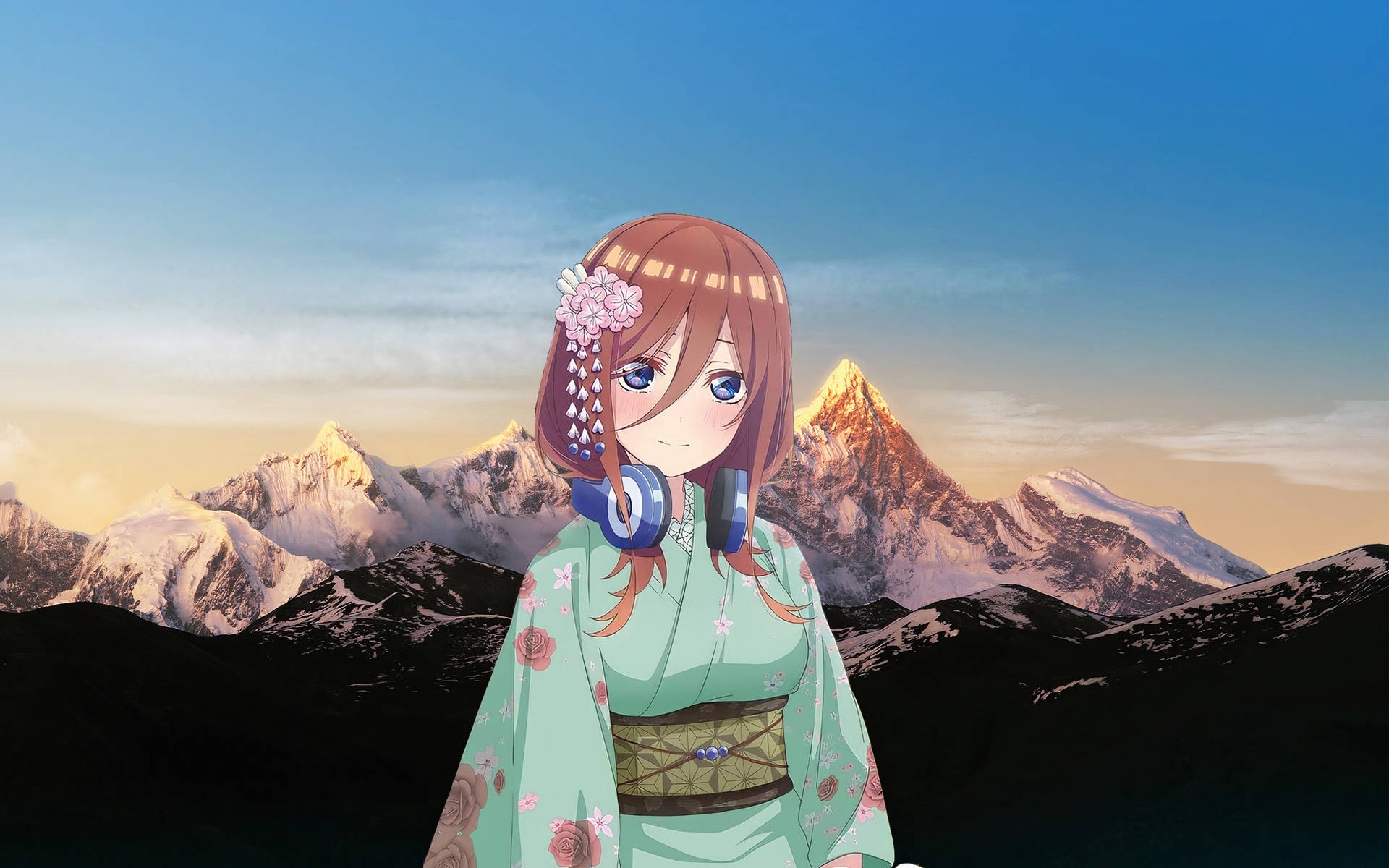 Miku Nakano Against A Snowy Mountain Background