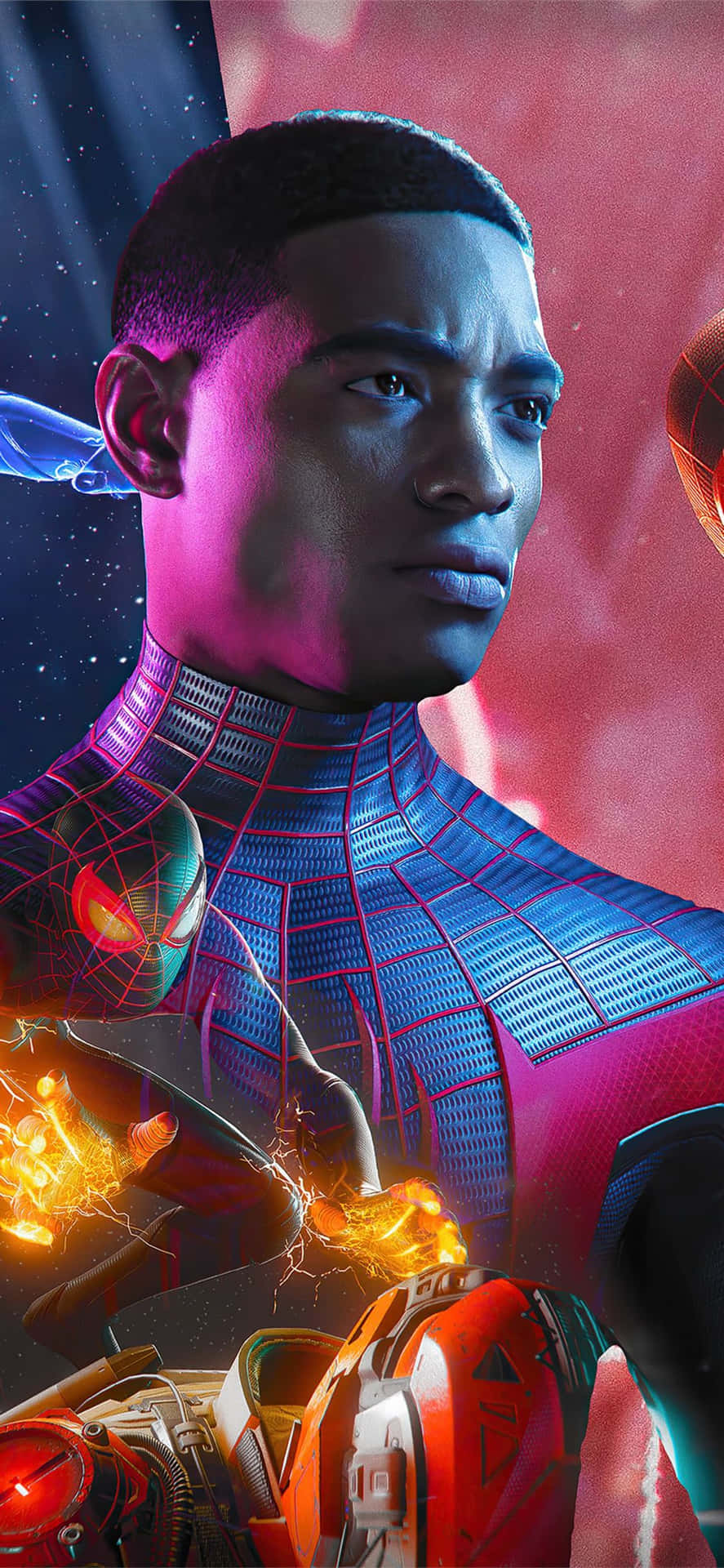 Miles Morales From The Highly Acclaimed Marvel's Spider-man: Into The Spider-verse Surrounded By Sparks Of Electricity Against A City Backdrop Background