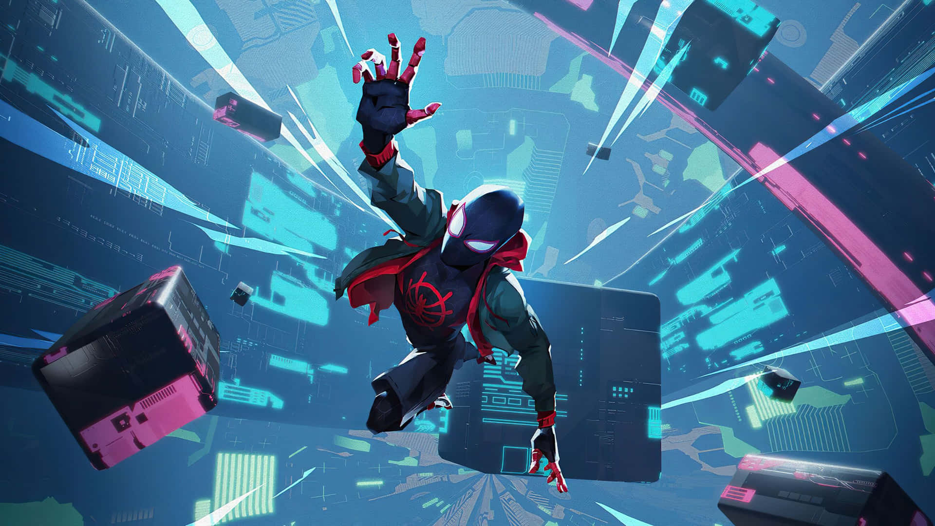 Miles Morales Spiderman Swinging Through Cybercity4 K Background