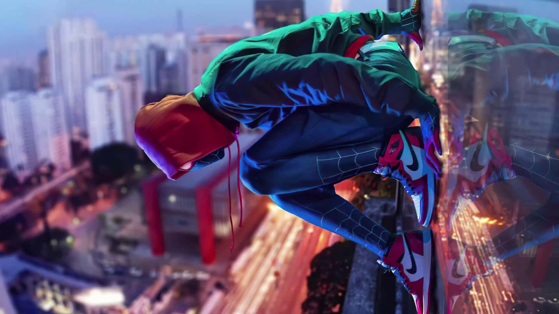 Miles Morales Spiderman Upside Down Cityscape4 K Background