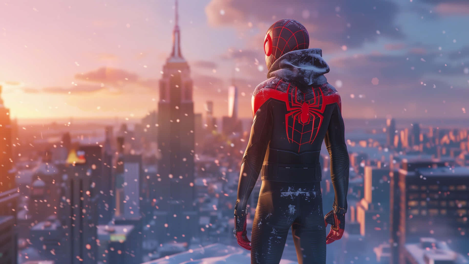 Miles Morales Spiderman Winter Sunset4 K Background