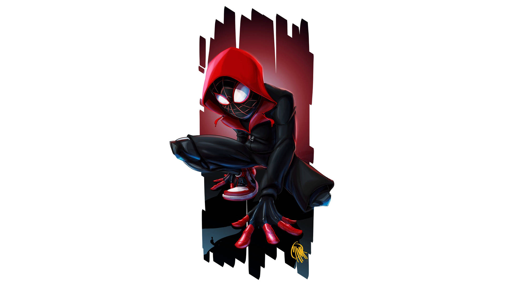 Miles Morales Squat On Red Graphic Background