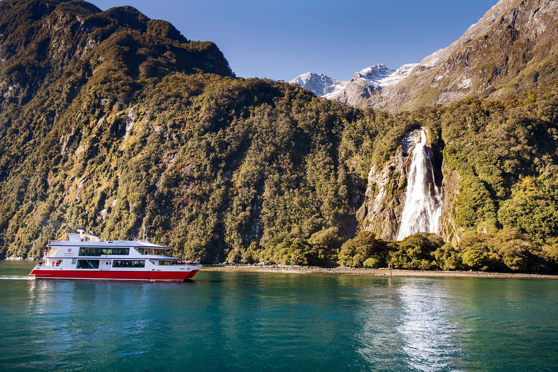 Milford Sound Ship Waterfall Rock Background