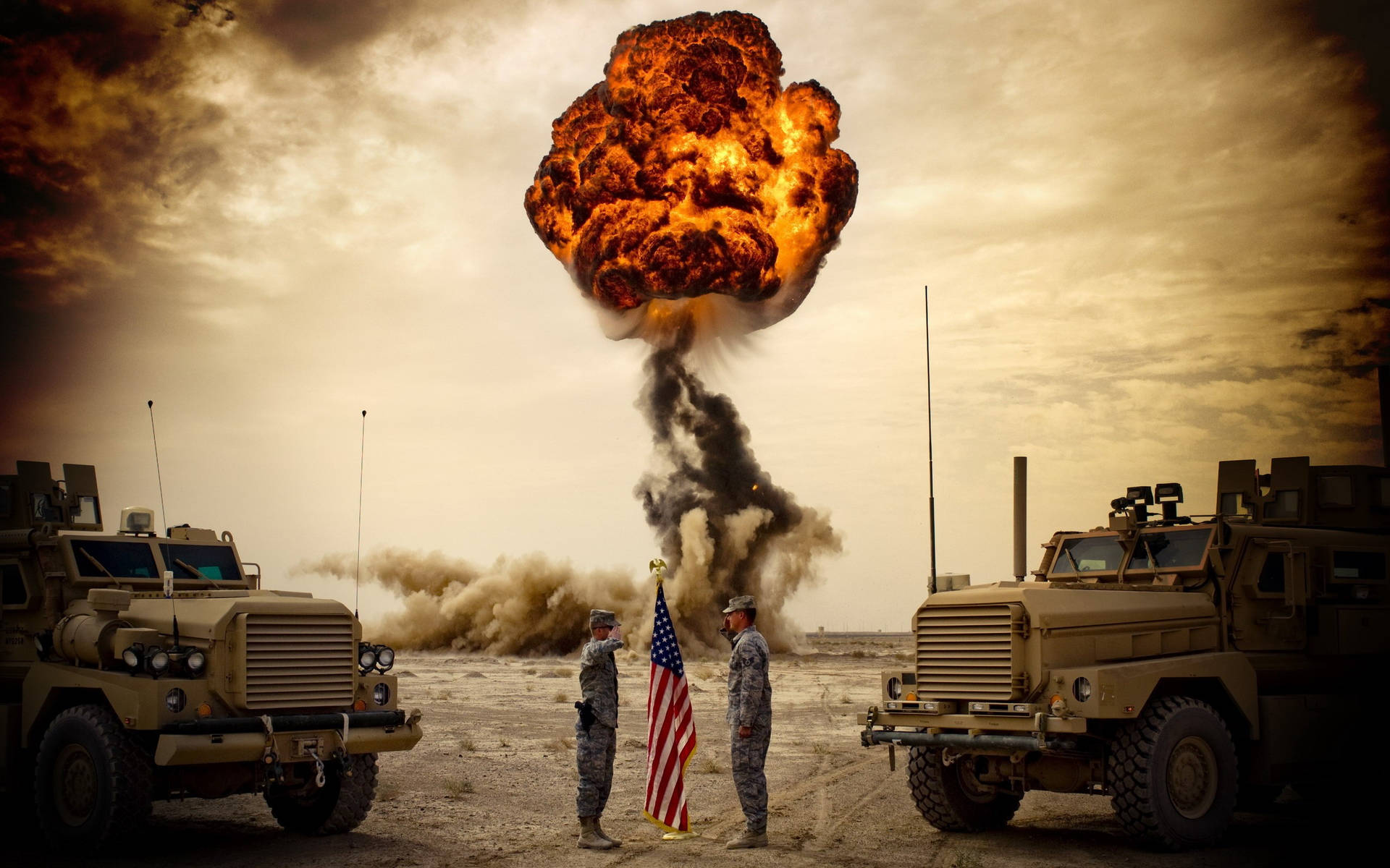 Military American Flag With Explosion Background