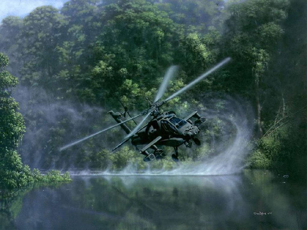 Military Attack Helicopter Over Water Background
