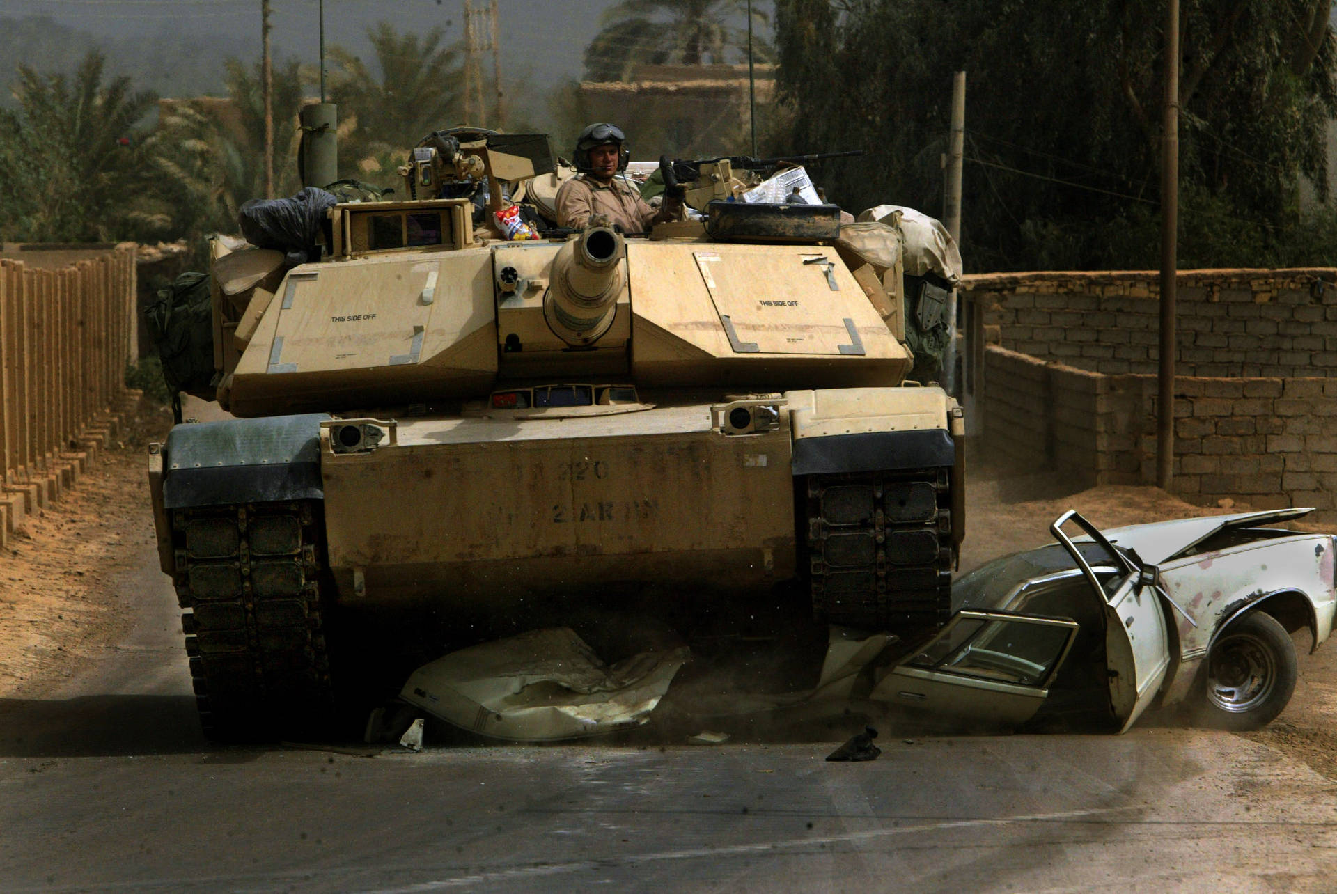 Military Tank Crashed Car Background