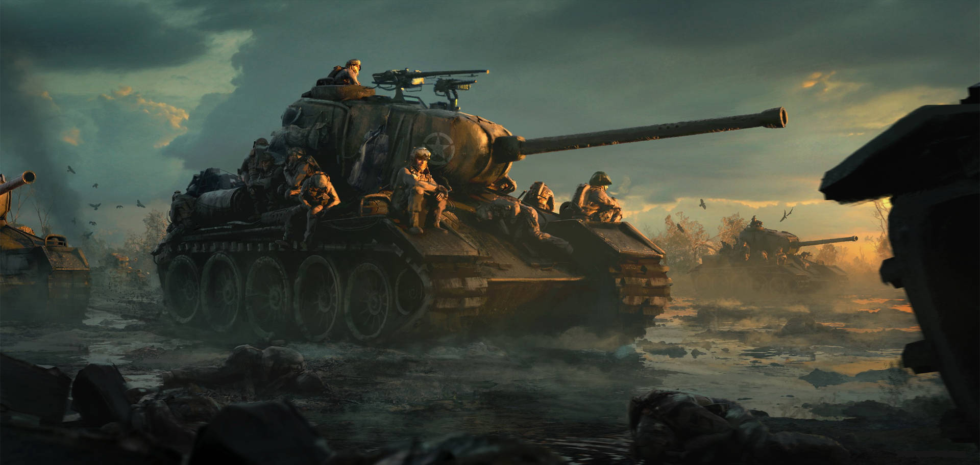 Military Tanks With Soldiers Background