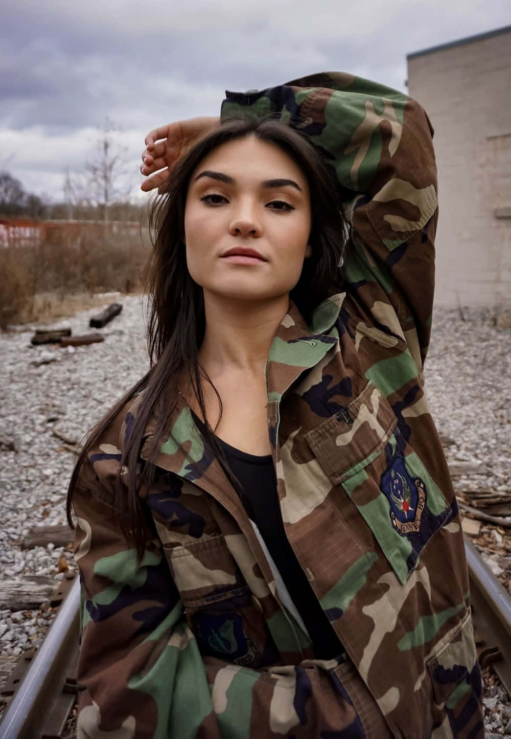 Military Woman Posing Uniform Background