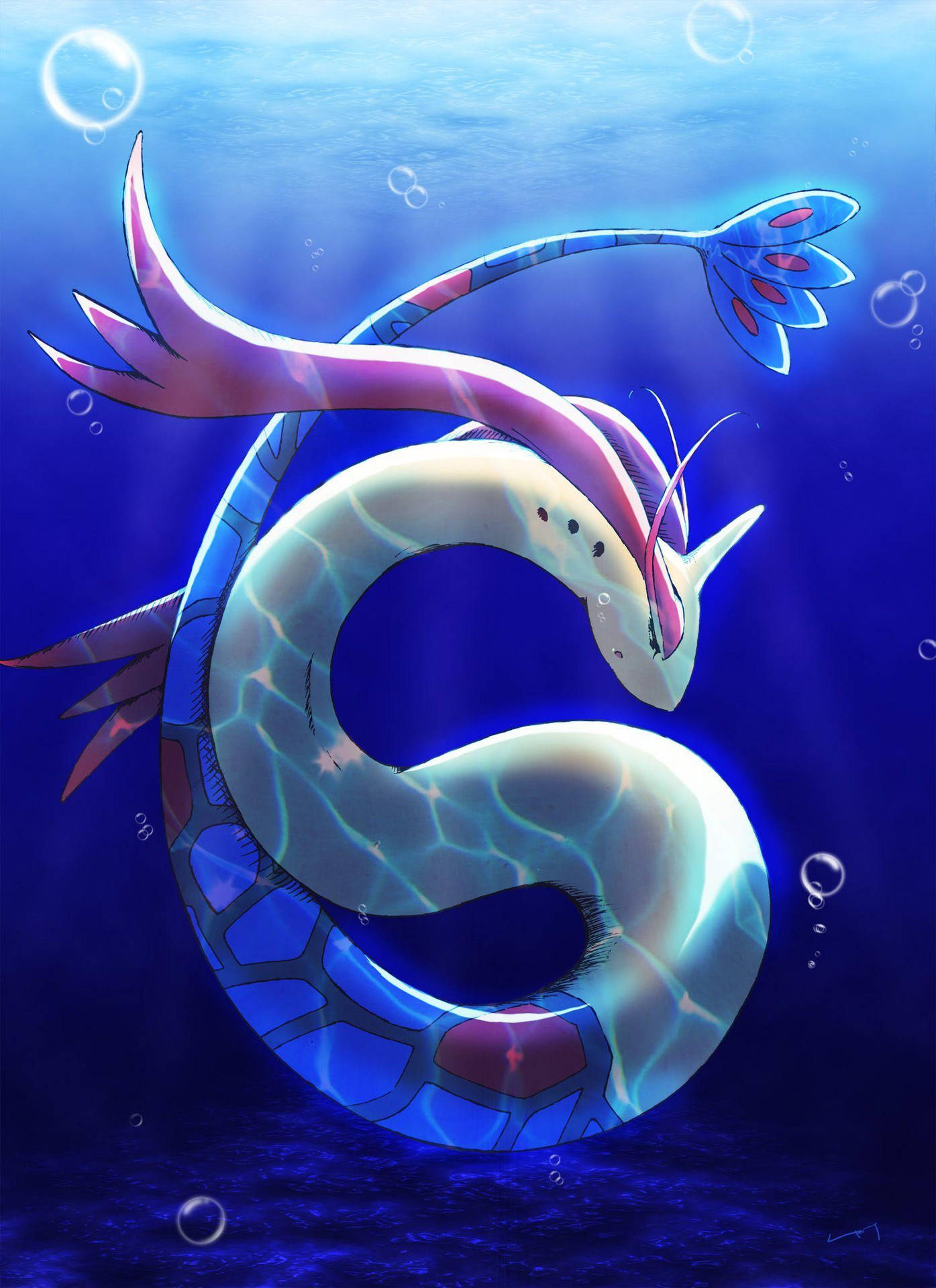 Milotic Swimming Underwater Bubbles Background