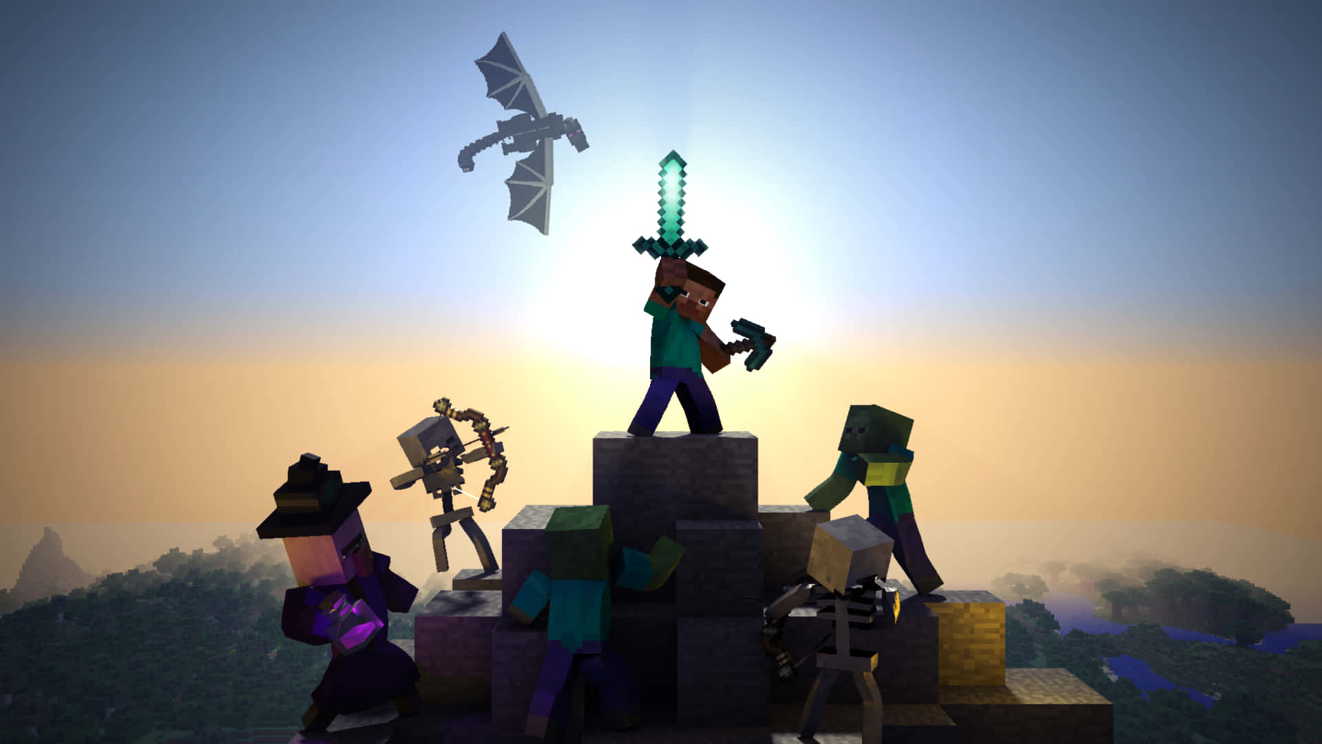 Minecraft - A Group Of People Standing On Top Of A Mountain Background