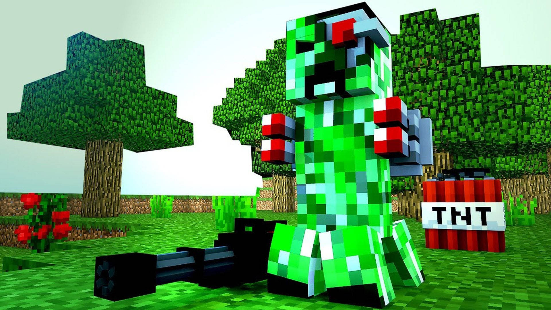 Minecraft Creeper With Weapons Background