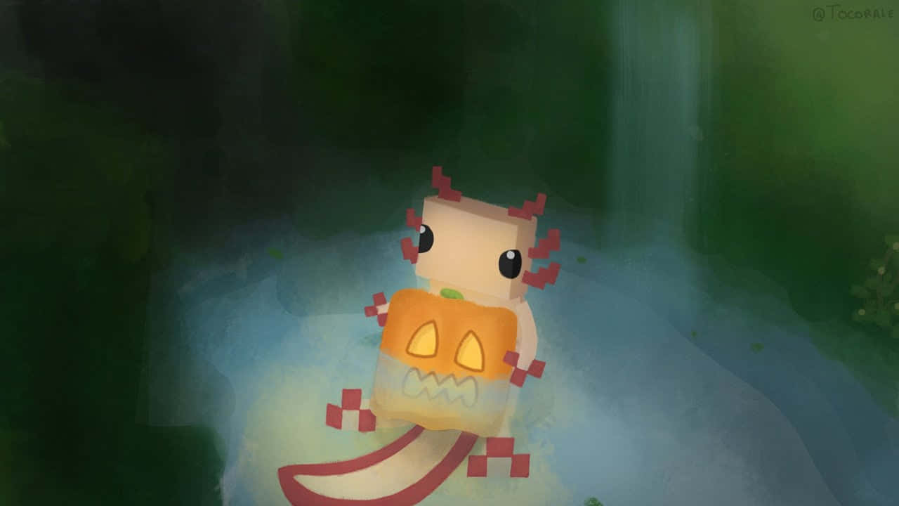 Minecraft Cute Axolotl Holding A Pumpkin Digital Painting Background