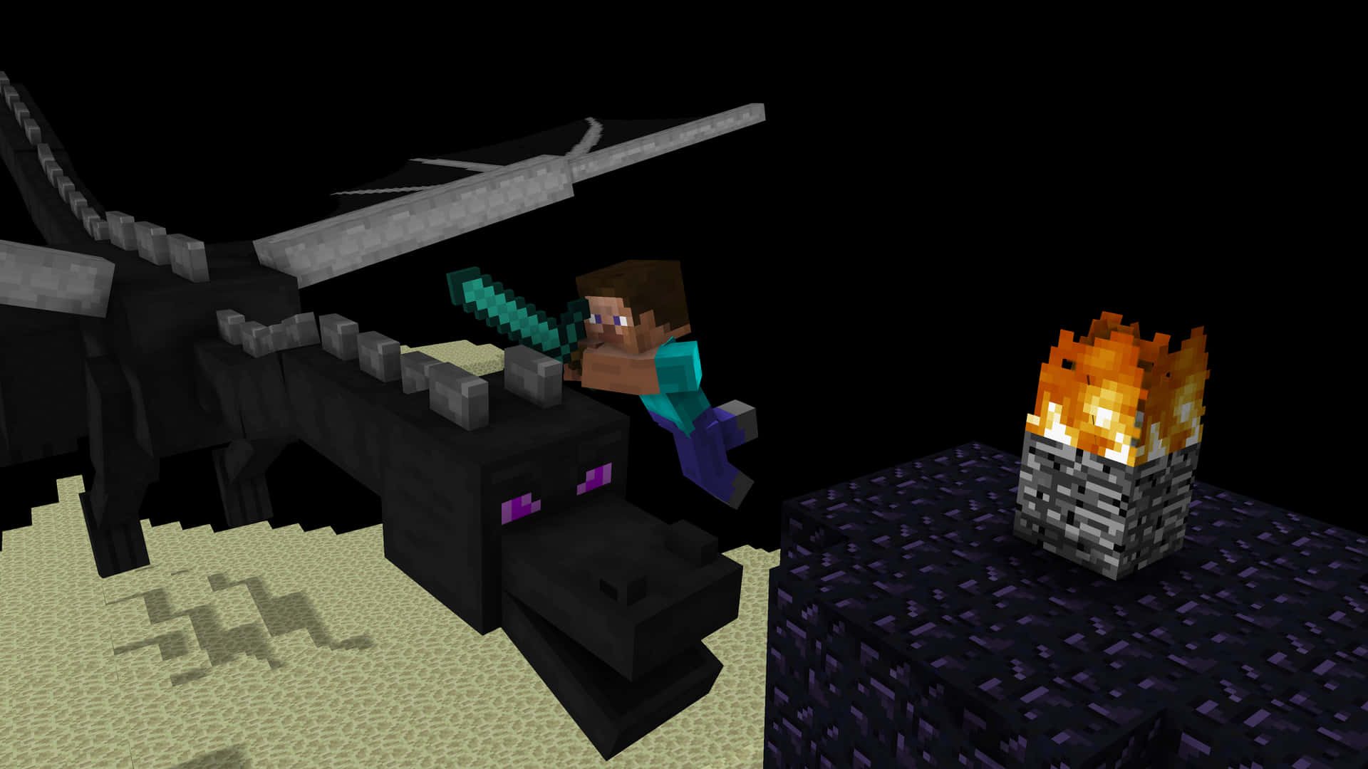 Minecraft Ender Dragon And Steve With Diamond Sword Background