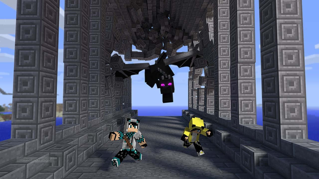 Minecraft Ender Dragon Chasing Two Characters Background