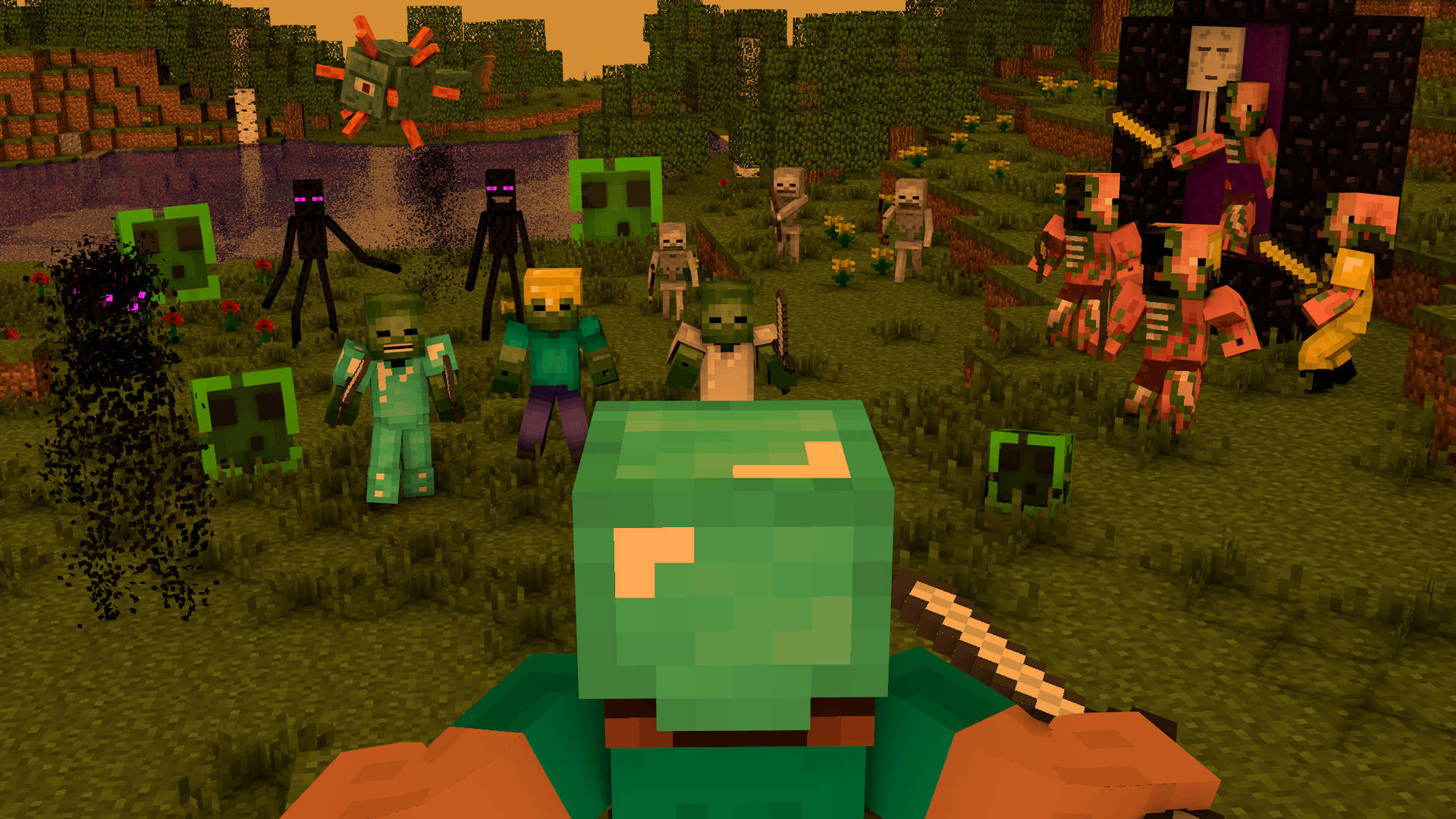 Minecraft Main Character Villains Fight Background