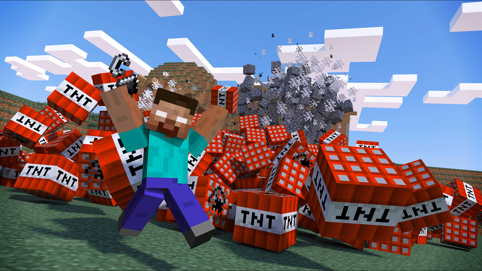 Minecraft Steve And Exploding Tnt Background