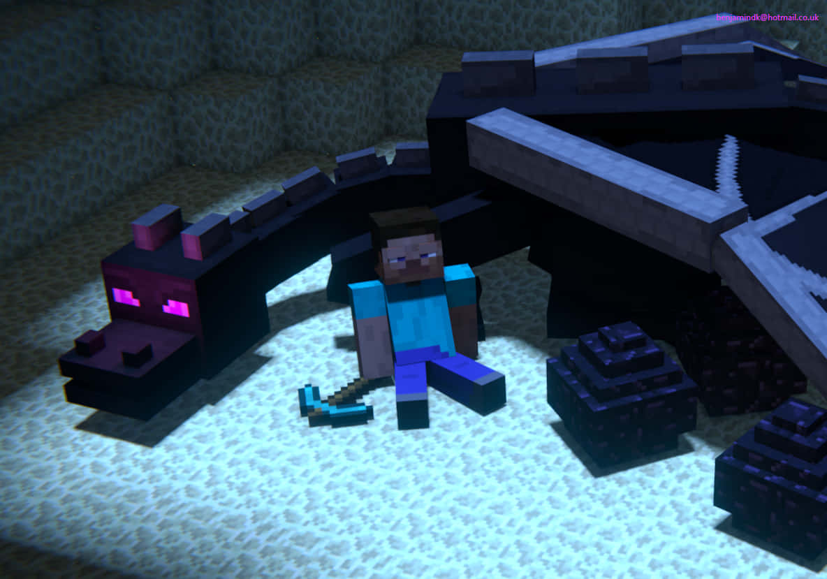 Minecraft Steve Resting Beside Ender Dragon Background