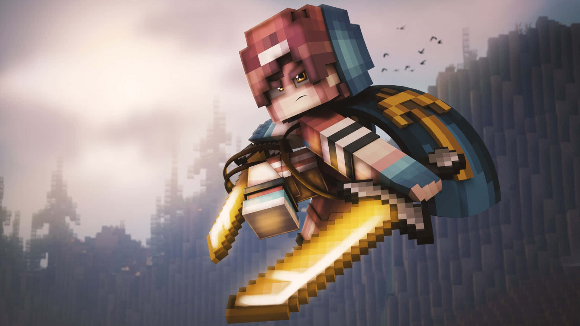 Minecraft Style_ Character_ Flying_with_ Jetpack Background