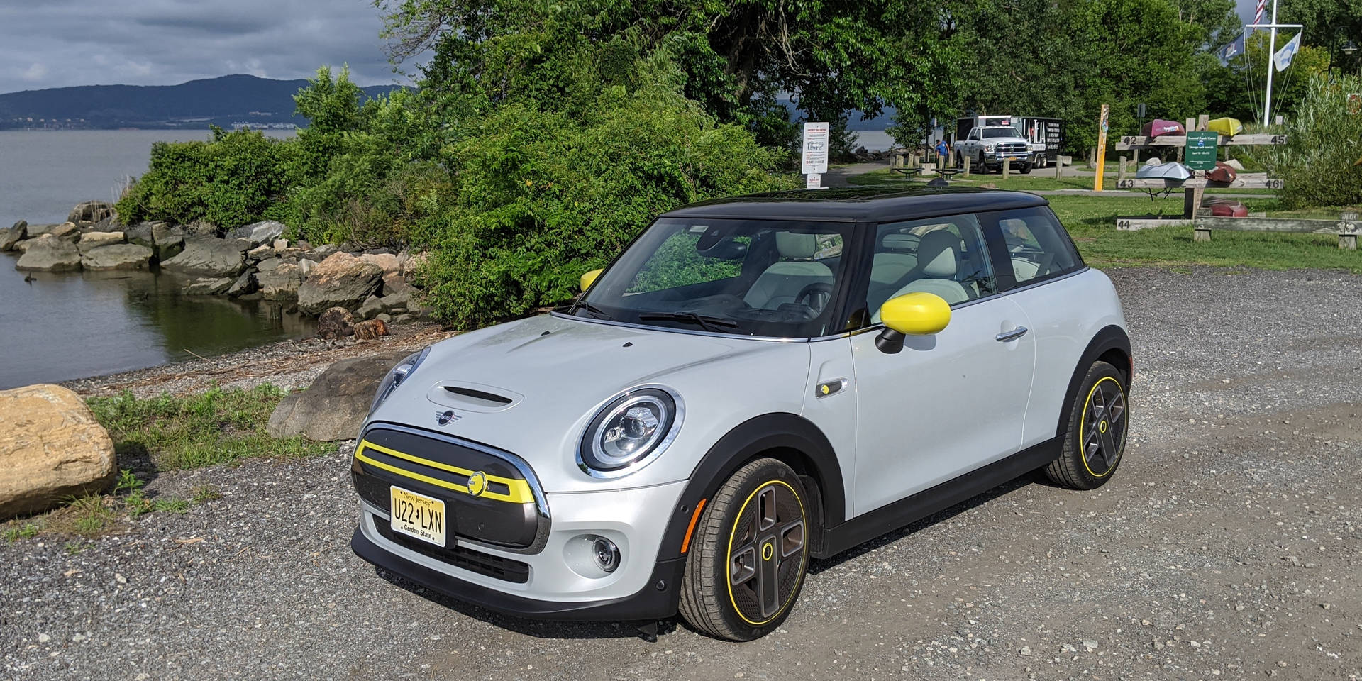 Mini Black And White By Lake Background