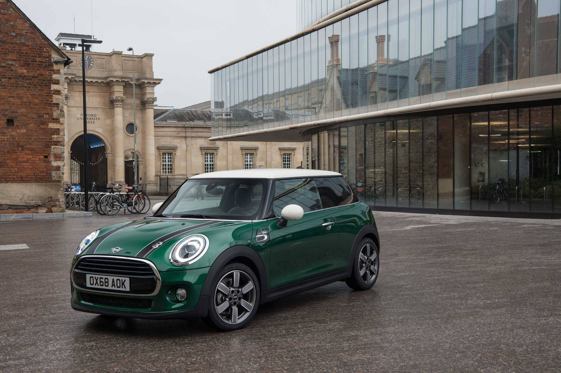 Mini Green And White In City Background