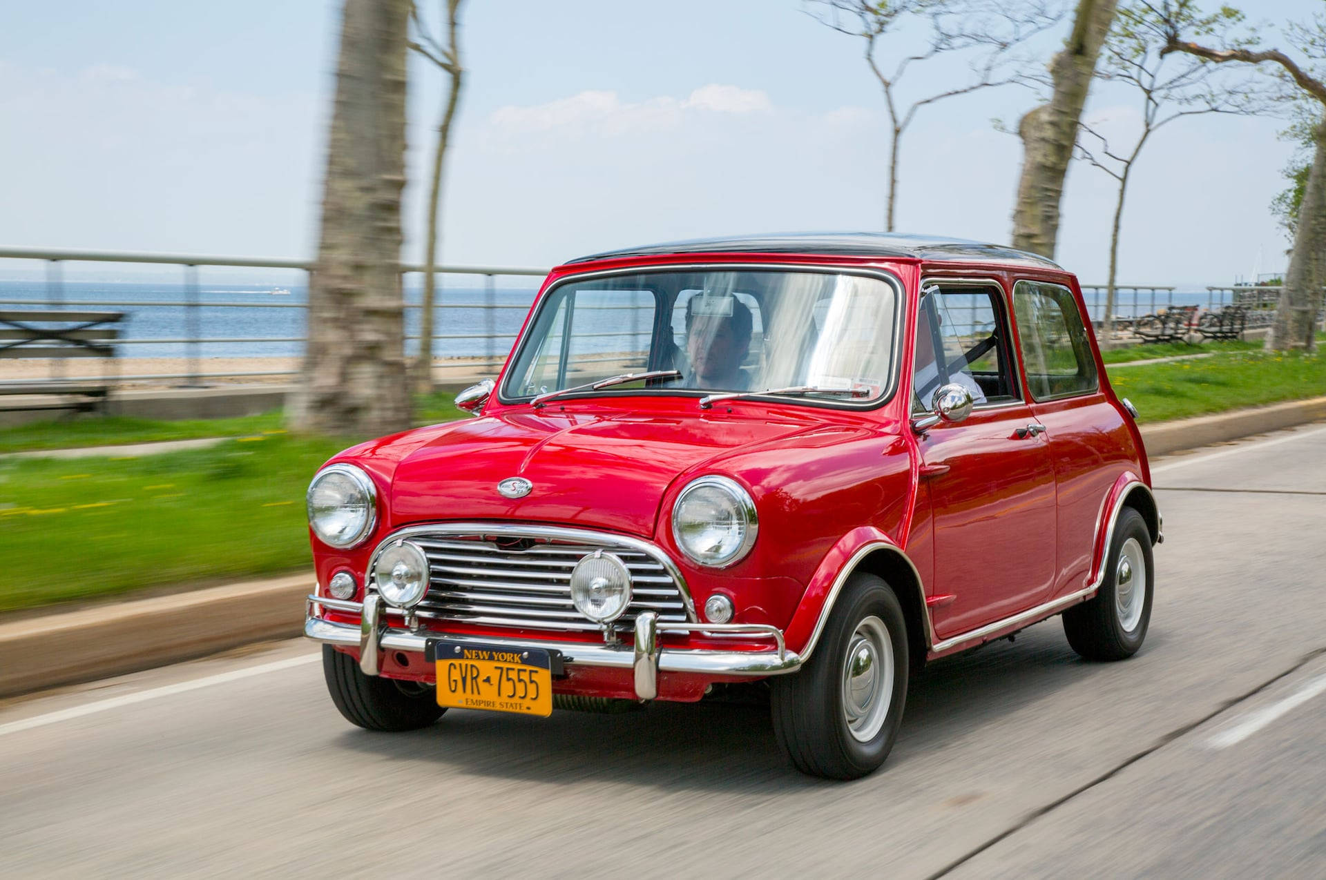 Mini Red Aesthetic Driving On Road Background