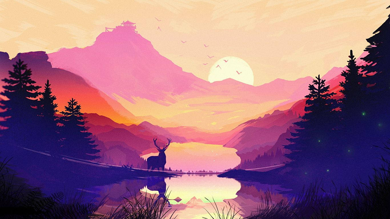 Minimalist Deer Mountain Scenery Background