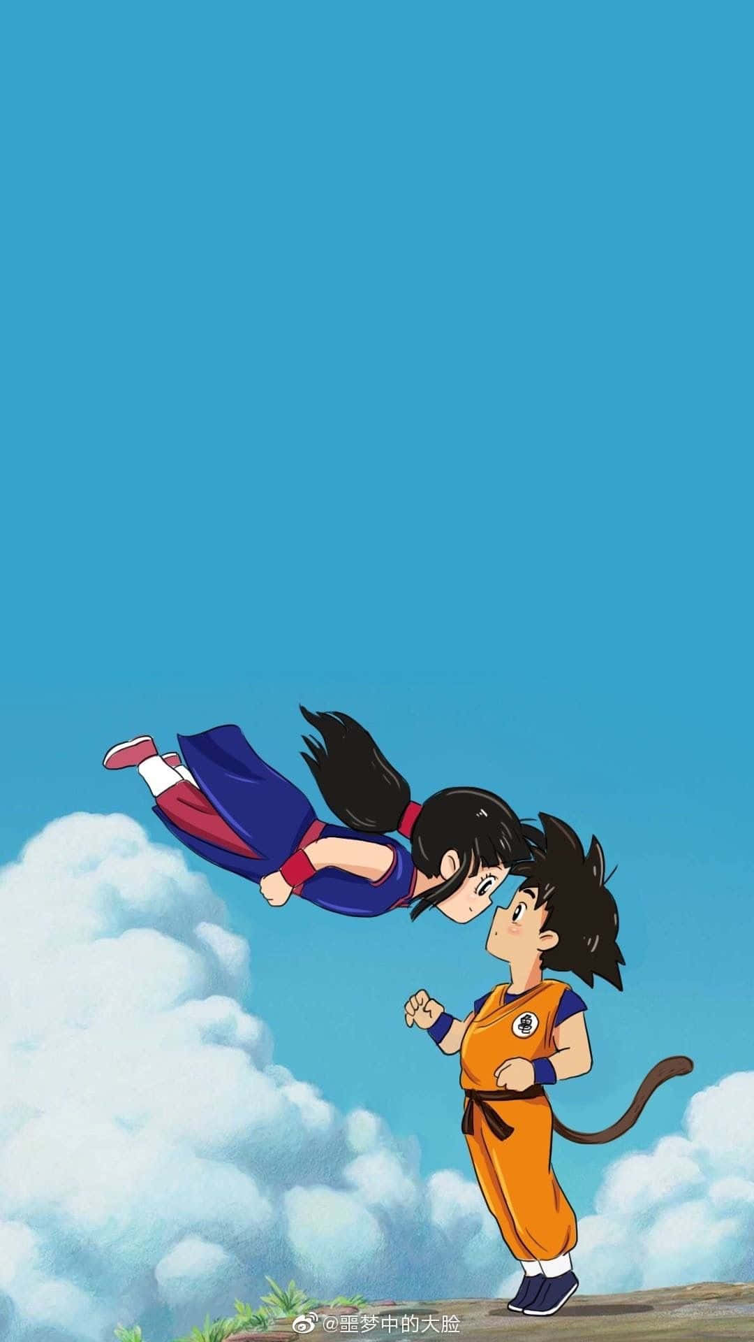 Minimalist Goku And Chichi In Blue Sky Background