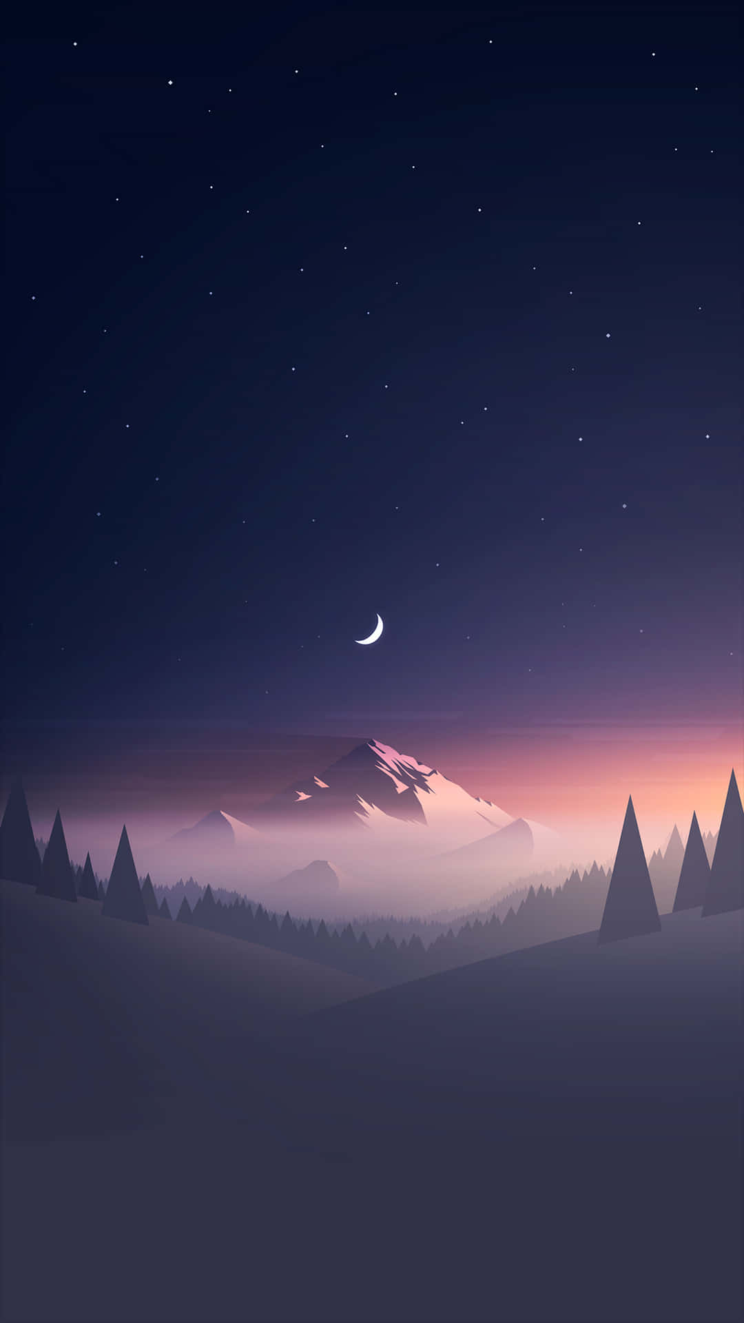 Minimalist Mountain Art With A Crescent Moon