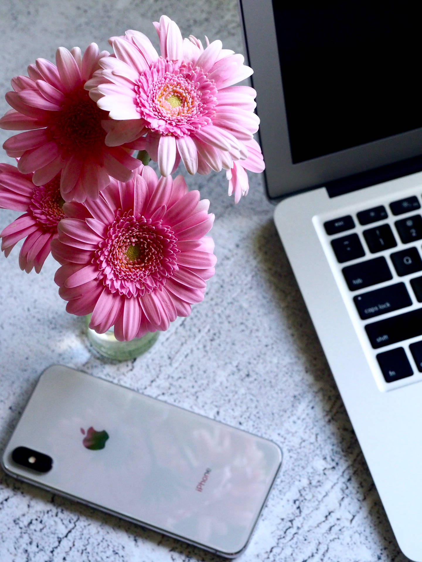 Minimalistic Iphone Desk Setup Adorned With Sprightly Pink Flowers.