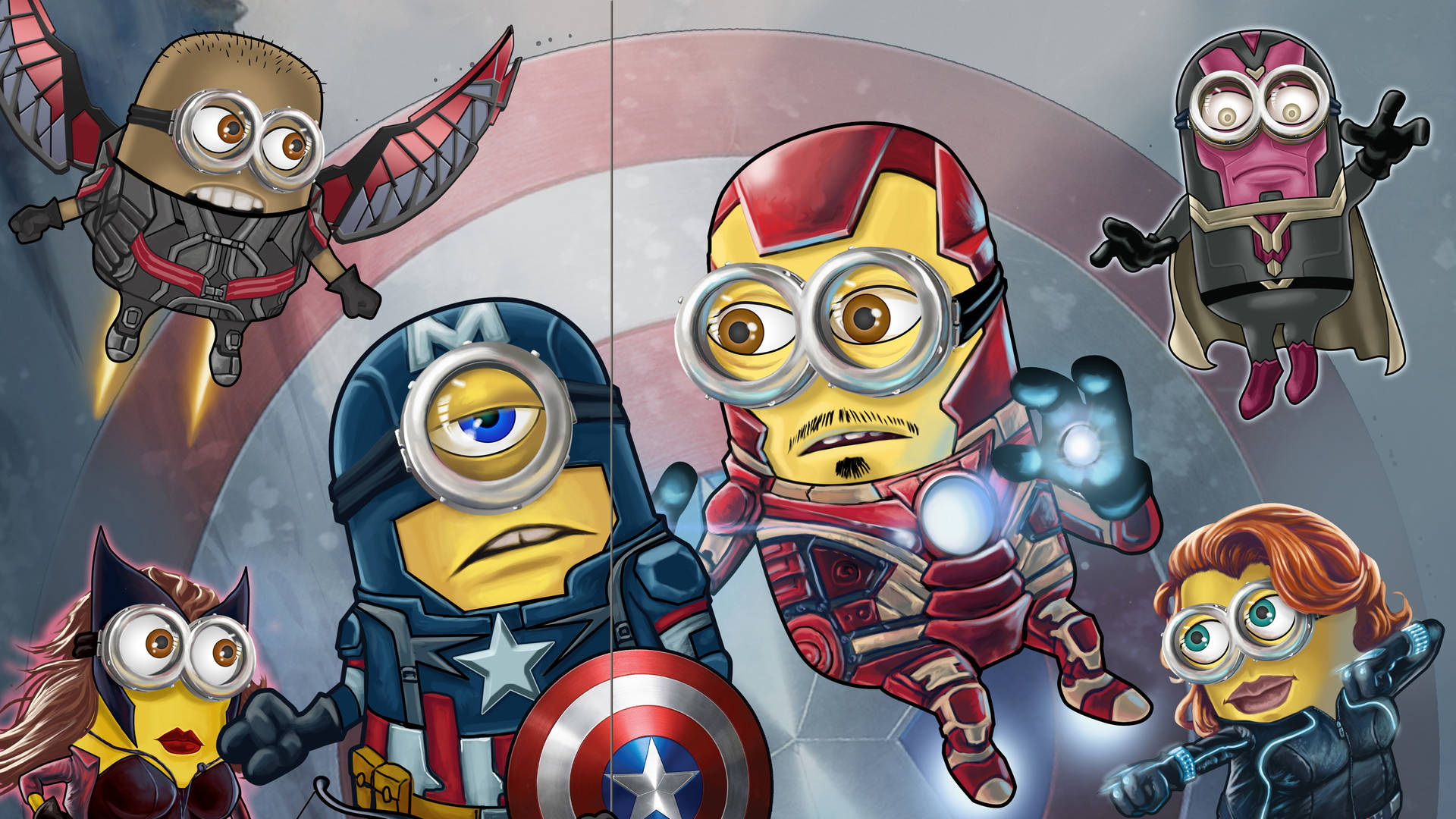 Minion Avengers In Front Of Shield Background